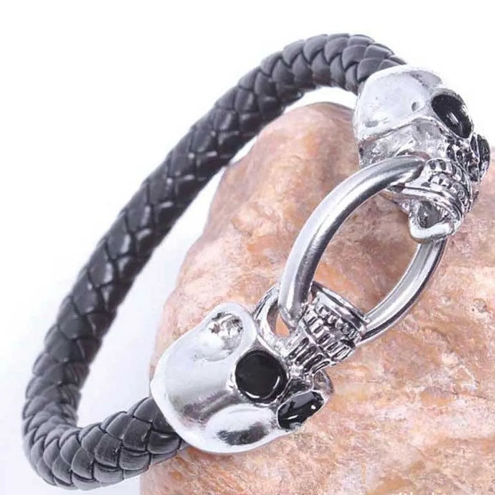 Man Men Cool Braided Leather Punk Skull Head Bracelet Bangle Wristb  Gift  SM6