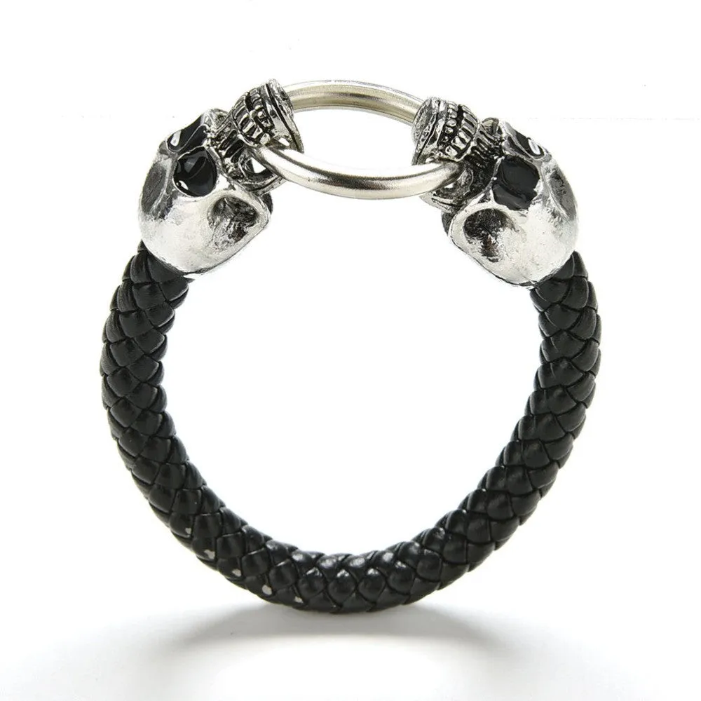 Man Men Cool Braided Leather Punk Skull Head Bracelet Bangle Wristb  Gift  SM6