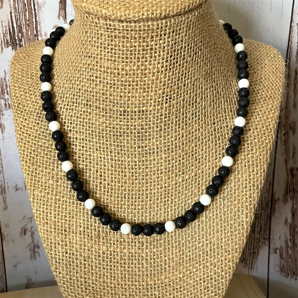 Mens Black Lava and White Shell Beaded Necklace