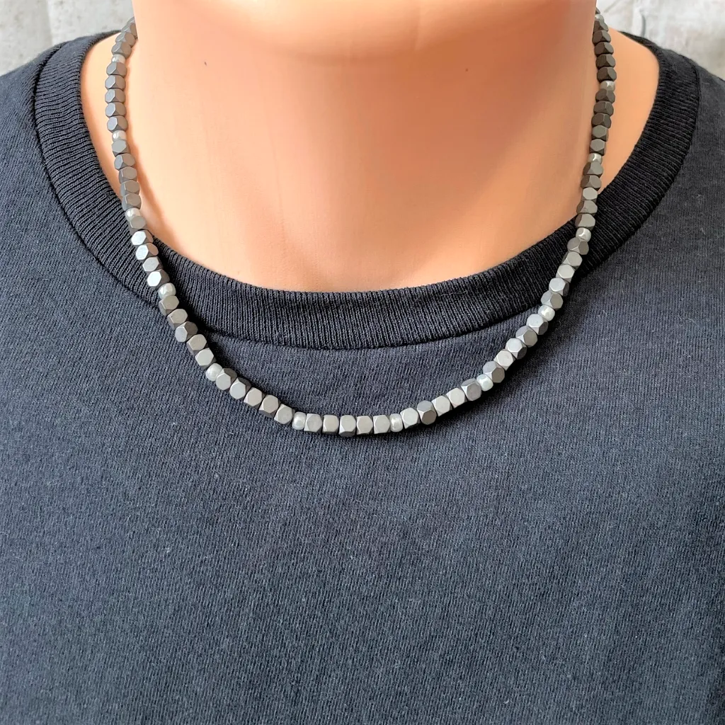 Mens Black Matte Hematite Hexcut and Silver Toho Beaded Necklace