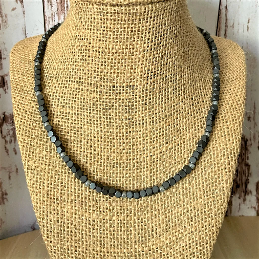 Mens Black Matte Hematite Hexcut and Silver Toho Beaded Necklace