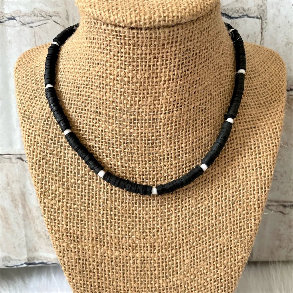 Mens Black Polymer and White Toho Beaded Necklace