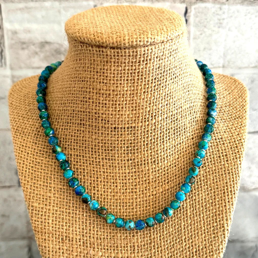 Mens Blue Green Glass and Silver Beaded Necklace