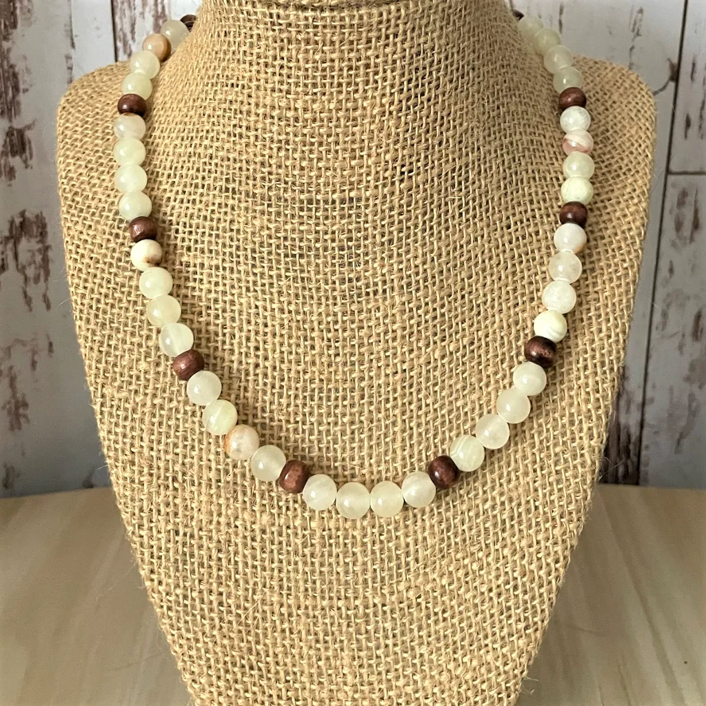 Mens Italian Onyx and Wood Beaded Necklace