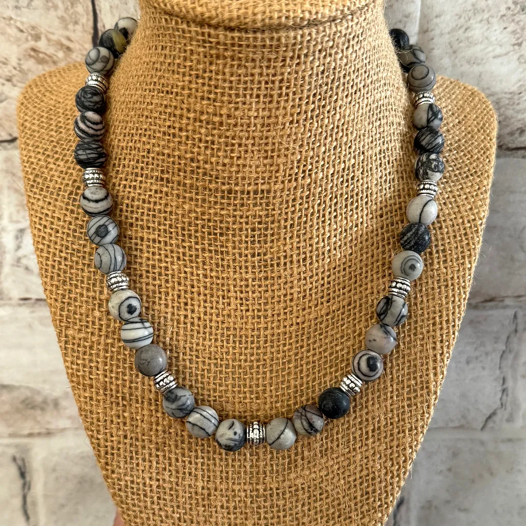 Mens Matte Black Water Jasper 10mm Beaded Necklace