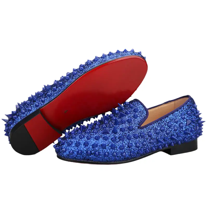 OneDrop Kids Handmade Blue Leather Spikes Children Shoes Wedding Birthday Prom Party Loafers