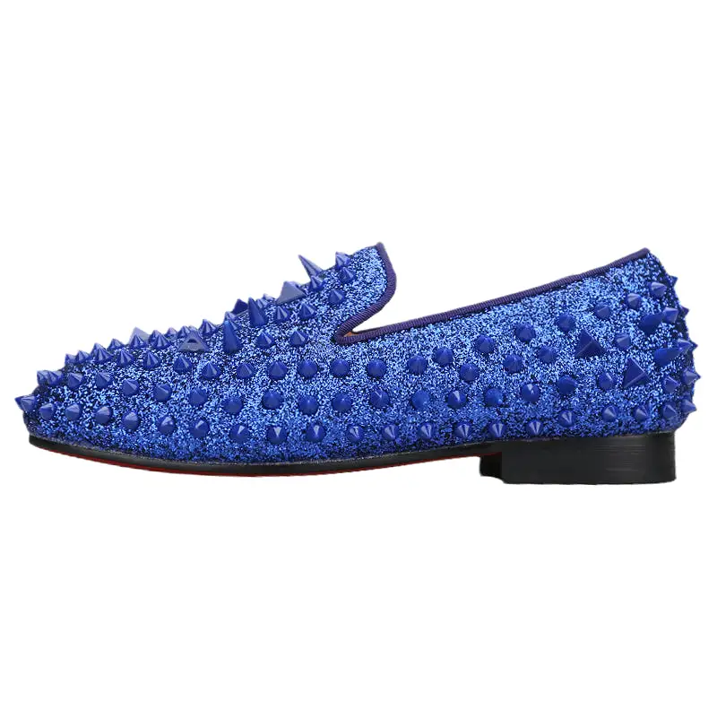 OneDrop Kids Handmade Blue Leather Spikes Children Shoes Wedding Birthday Prom Party Loafers