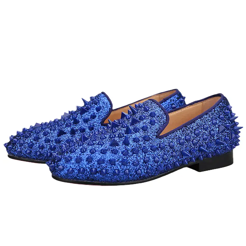 OneDrop Kids Handmade Blue Leather Spikes Children Shoes Wedding Birthday Prom Party Loafers