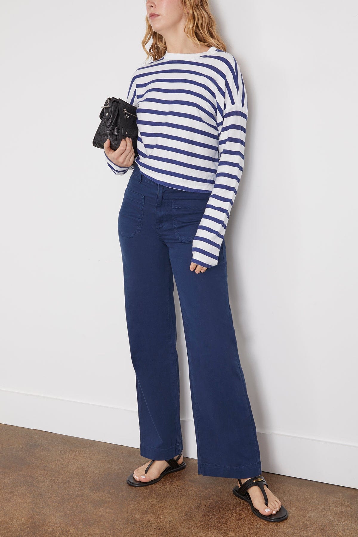 Printed Cropped Long Sleeve Top in Thin Navy Stripes