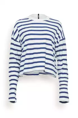 Printed Cropped Long Sleeve Top in Thin Navy Stripes