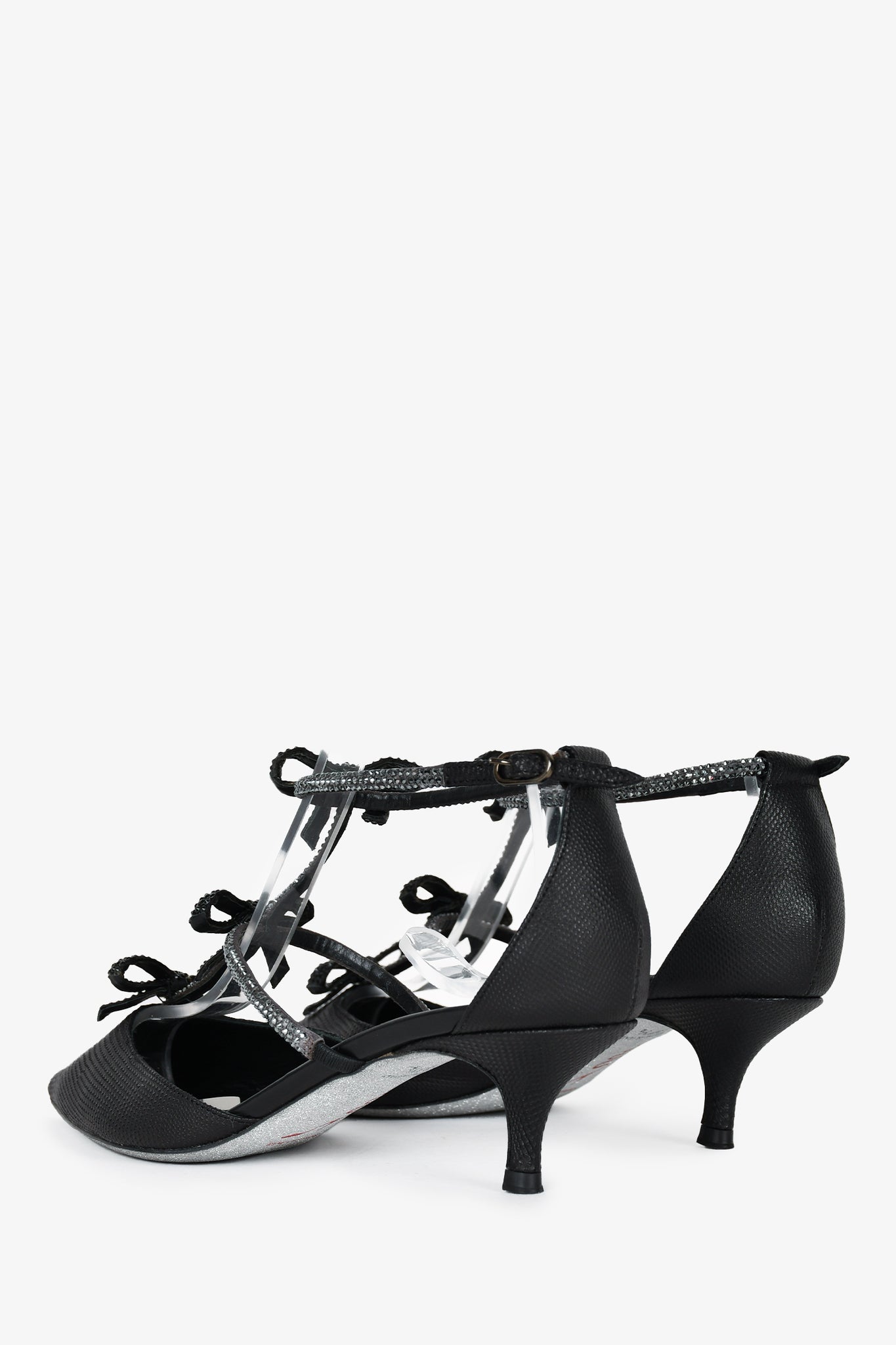 Rene Caovilla Black Leather Crystal Bow Embellished Karung Heels Size 37.5