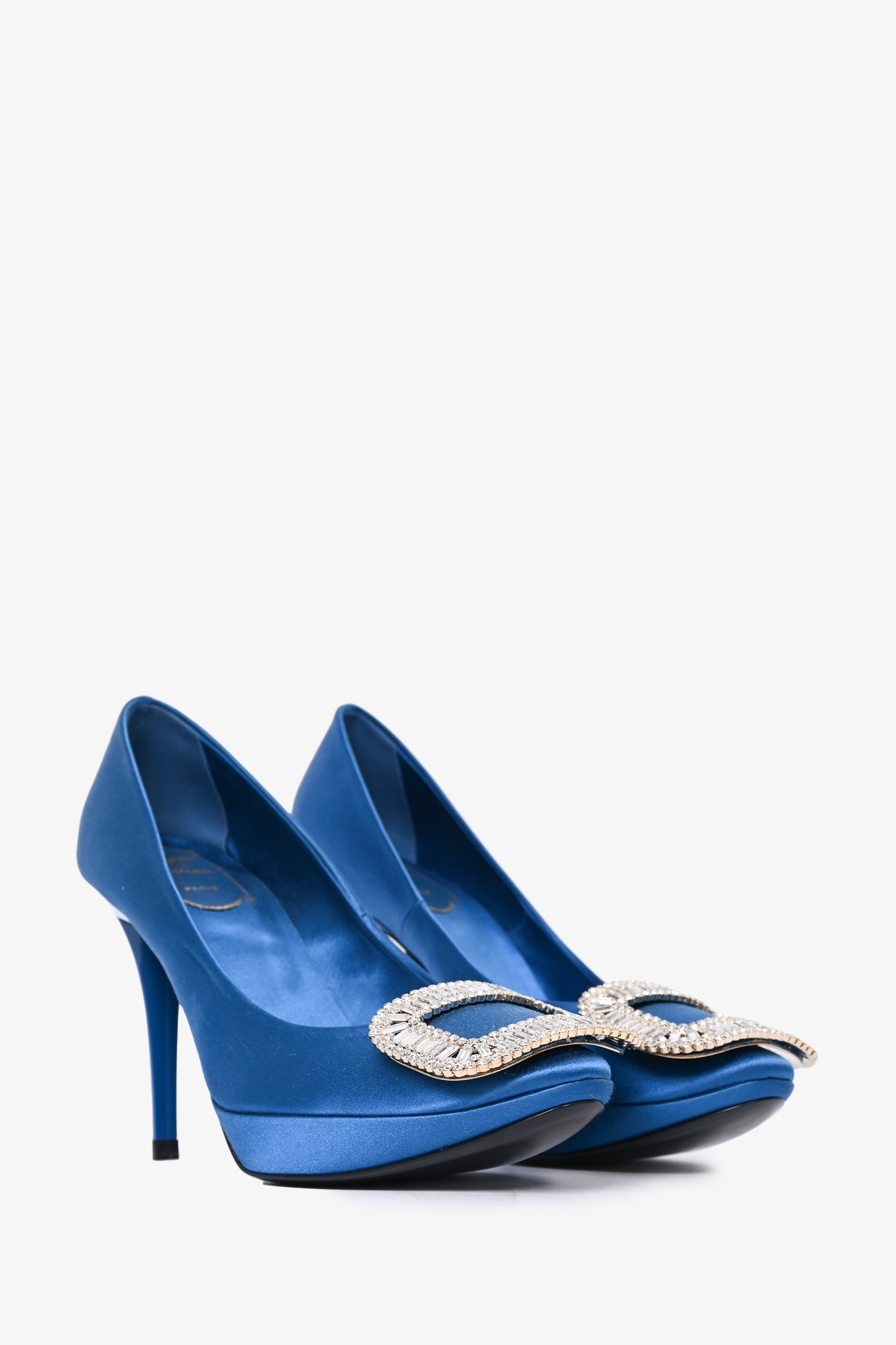 Roger Vivier Blue Satin 'Belle de Nuit' Crystal Buckle Heels Size 35.5