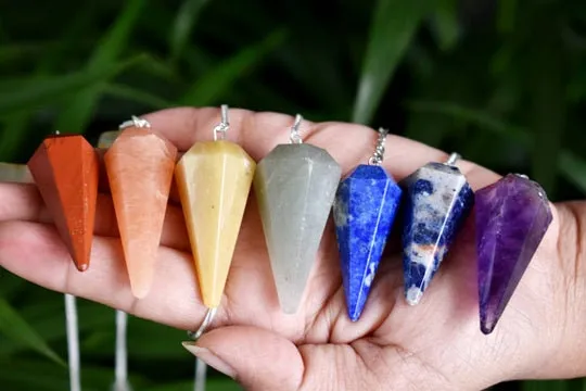 Set of 7 Chakra Faceted Cone Pendulums Healing Dowsing Crystal Pendulums