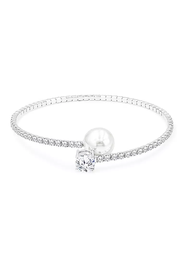 SO SEOUL SO SEOUL Everleigh Petite Shaped White Pearl Diamond Simulant Zirconia Spiral Spring Adjustable Bangle