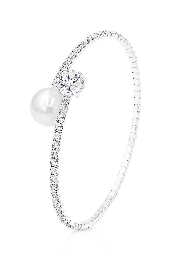 SO SEOUL SO SEOUL Everleigh Petite Shaped White Pearl Diamond Simulant Zirconia Spiral Spring Adjustable Bangle