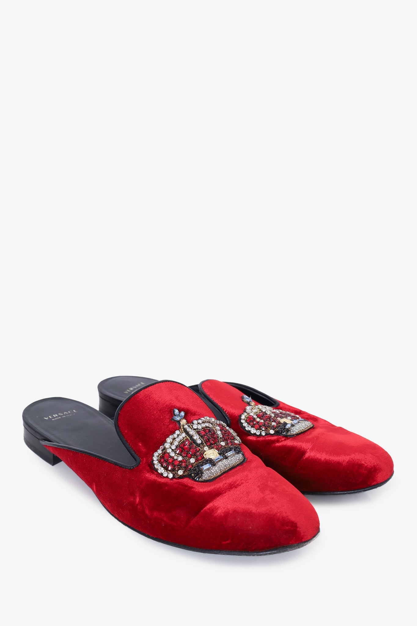 Versace Red Velvet Crystal Crown Embellished Mules Size 39.5