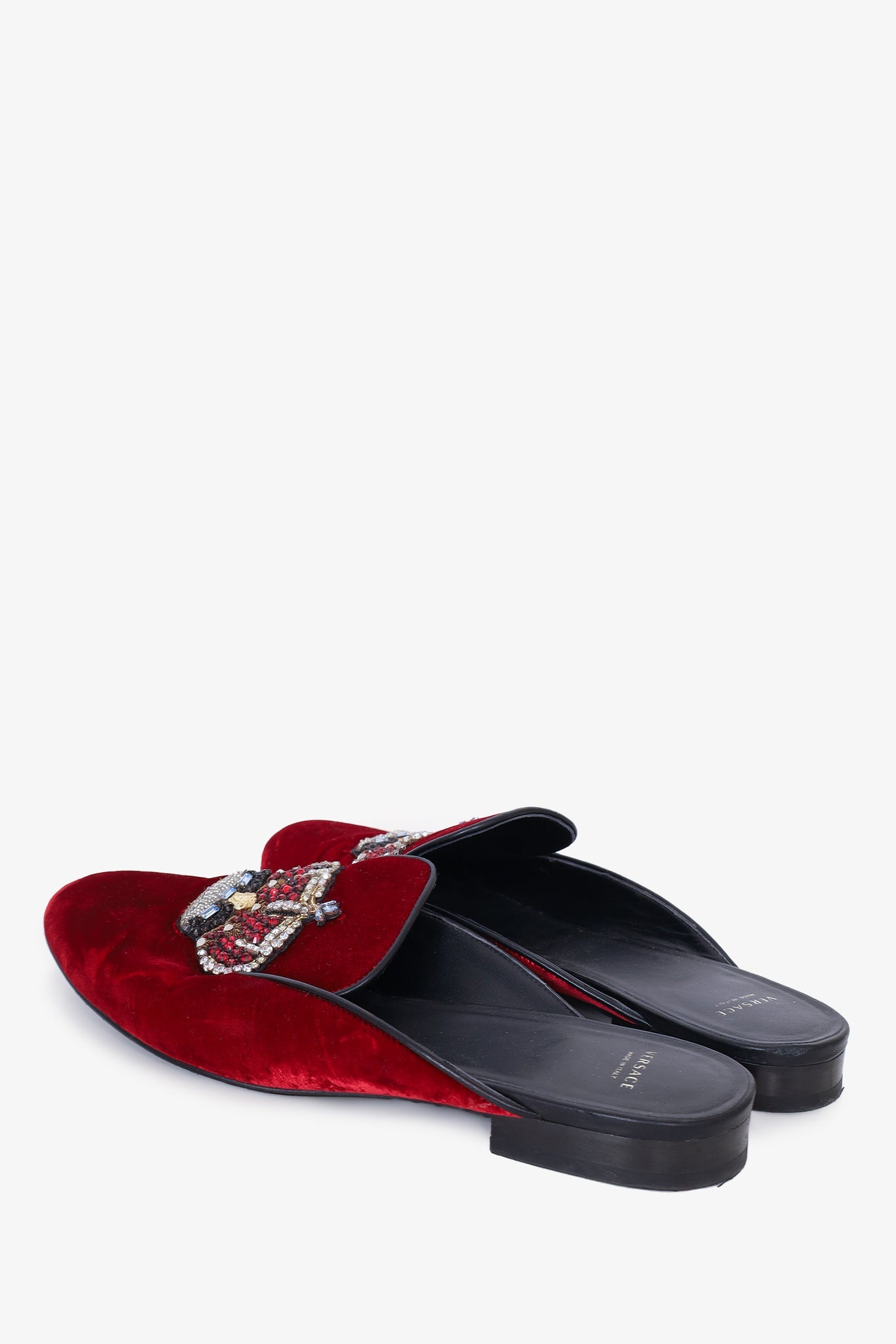 Versace Red Velvet Crystal Crown Embellished Mules Size 39.5