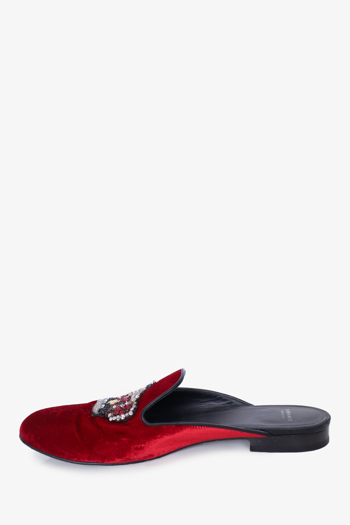 Versace Red Velvet Crystal Crown Embellished Mules Size 39.5