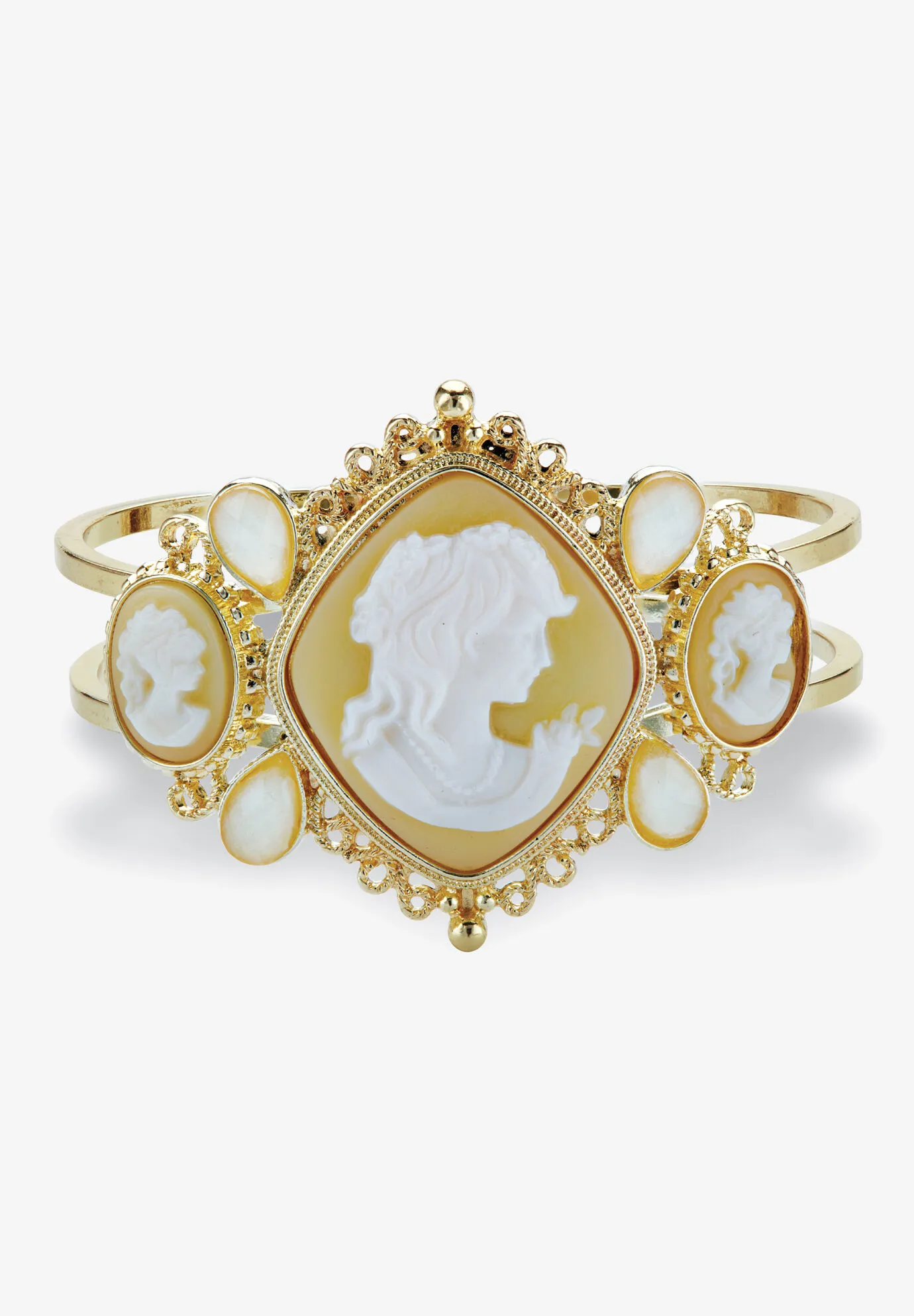 Vintage-Style Cameo Hinged Bangle Bracelet In Yellow Goldtone 7.5"