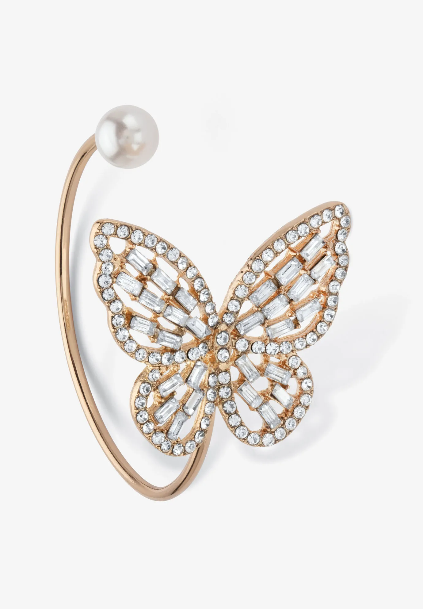 White Baguette Crystal & Simulated Pearl Butterfly Bangle Bracelet Goldtone