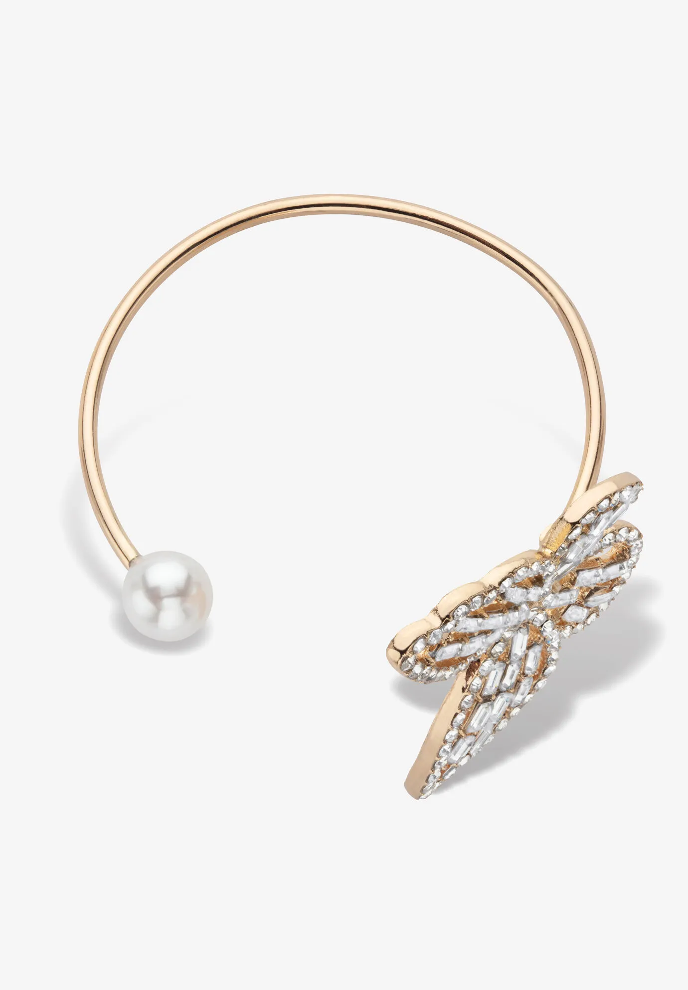 White Baguette Crystal & Simulated Pearl Butterfly Bangle Bracelet Goldtone