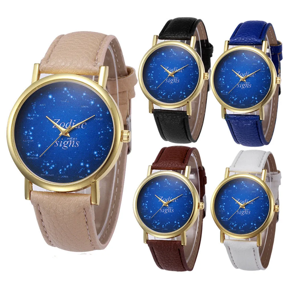 Women Watches Stars Pattern Retro Design PU Leather Band Elegant Dress clock Analog Quartz Relogio Feminino