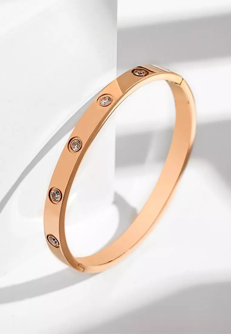 YOUNIQ YOUNIQ TIMEZ 18K Rosegold Titanium Steel Bangle with Cubic Zirconia - 19cm